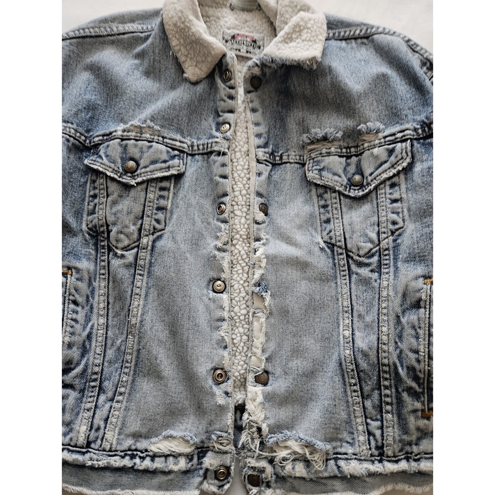 Vtg Levi's Light Wash Denim Sherpa Super Distressed Thrashed Grunge Jacket L - Picture 12 of 16